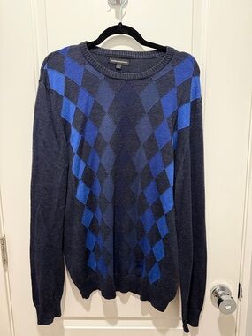 Express Design Studio Navy & Royal Blue Argyle Merino Wool Crewneck Sweater